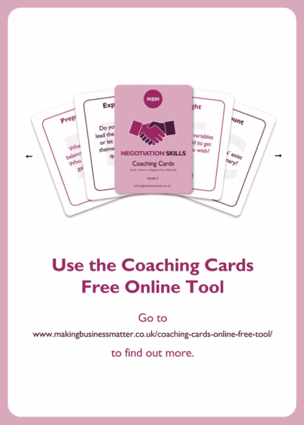 Negotiation skills coaching card titled Free Online Tool