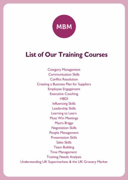 Negotiation skills coaching card titled List of training courses