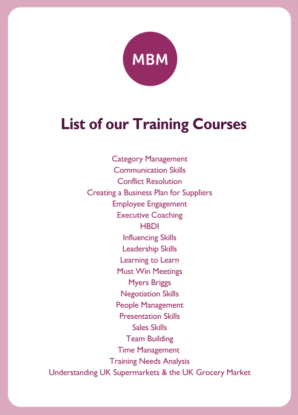 New Manager coaching card titled List of our Training Courses