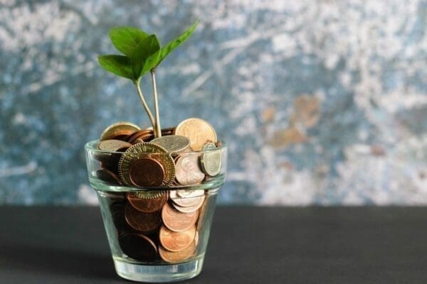 A small glass filled with copper coins has a small plant sprouting to represent growing savings