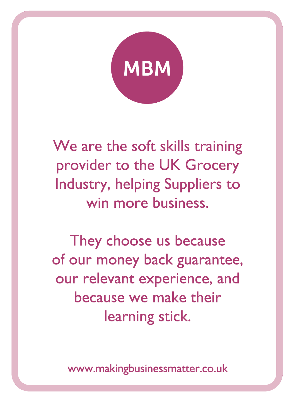 Coaching card with MBM logo and brand information