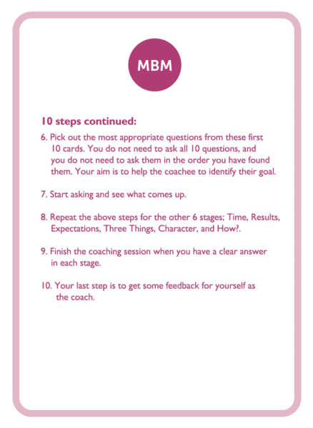 Coaching card titled 10 steps continued