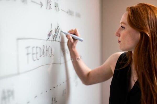 Businesswoman writing on a whiteboard during a meeting