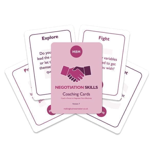 Five negotiation skills coaching cards fanned out