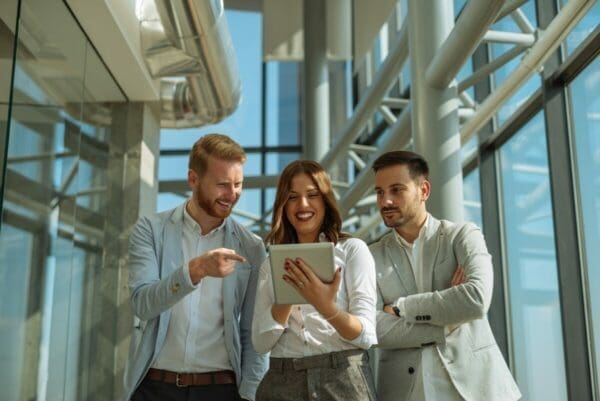 Three business people display open communication while looking at a tablet