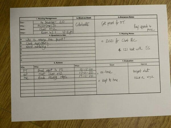 Filled out Meeting Template on white paper done with a black ink pen