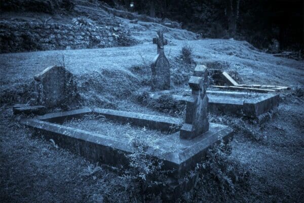 Headstones in a graveyard in frosty conditions