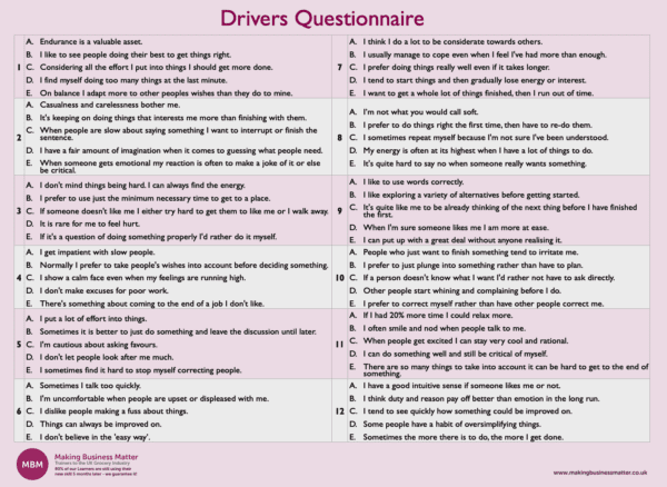 Questionnaire with 12 questions and multiple choice answers titled Drivers Questionnaire