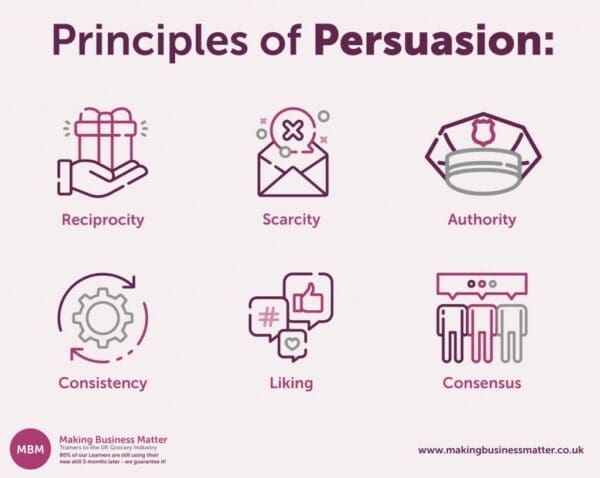 MBM Infographic titled Principles of Persuasion for Influencing Skills with several purple icons