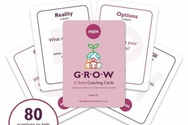 Purple GROW Coaching Card in the centre of other cards from MBM
