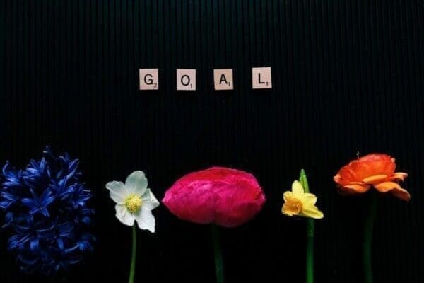 Goal spelt out in Scrabble tiles above colourful flowers on black background