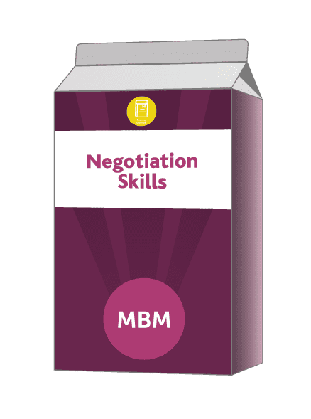 Purple carton with Negotiation Skills on label for MBM Negotiations soft skills training course