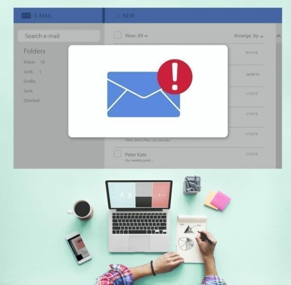 email notification icon over an inbox with working person at their desk below