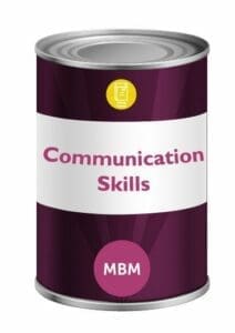 Purple tin with Communication Skills on label for MBM Communications skills course