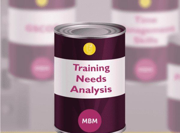 Purple tin with Training Needs Analysis on the label and MBM logo