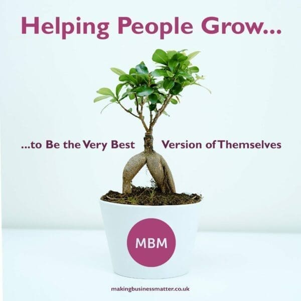 Plant pot with MBM logo and Helping people grow slogan