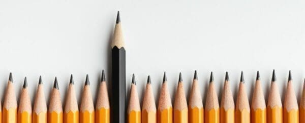 Line of yellow pencil with black one sticking out represents the odd one out