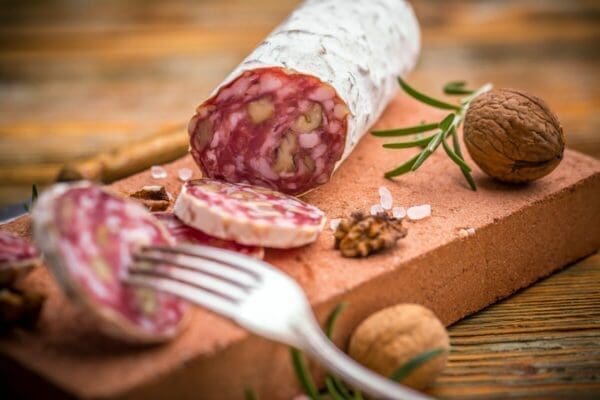 Slices of salami on a board