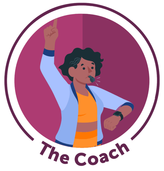 Icon of a woman blowing a whistle labeled The Coach 