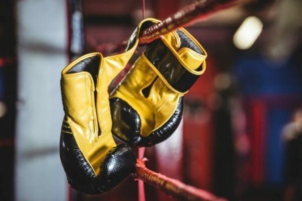 Yellow boxing gloves hanging off the boxing ring