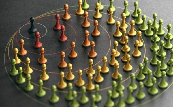 Colourful chess pieces forming spheres of Influence