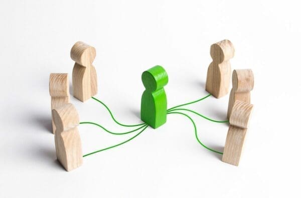 Green figure connected to wooden figures representing Interpersonal Communication