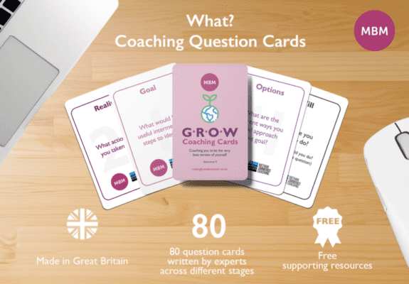 Coaching card infographic with cards fanned out and 3 white icons below