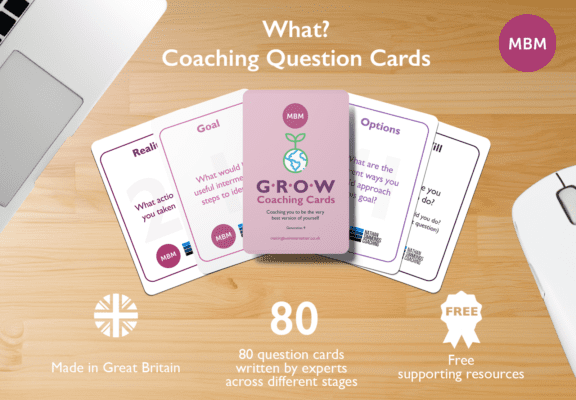 Coaching card infographic with cards fanned out and 3 white icons below