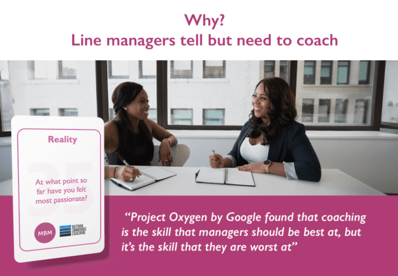 Two businesswoman talking with a coaching card and quote below them