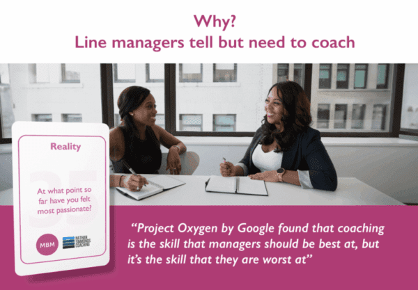 Why? infographic Two businesswoman talking with a coaching card and quote below them