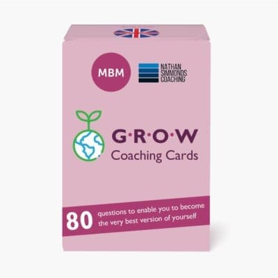 3D image of a GROW coaching card deck in pink and purple.