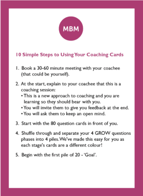 Instructions card from the GROW coaching card deck with 10 steps written on the card