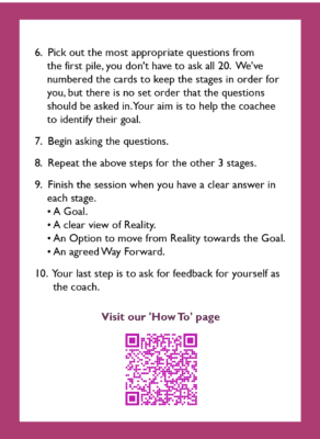 Instructions card from the GROW coaching card deck with steps written on it