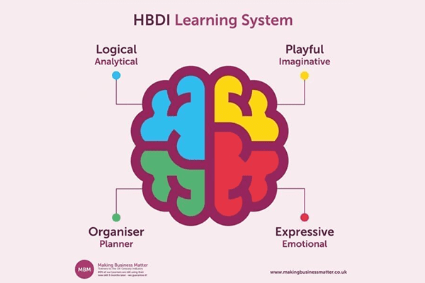 HBDI model Diagram depicting the HBDI Learning System, showcasing four cognitive styles: Logical Analytical, Playful Imaginative, Organiser Planner, and Expressive Emotional.