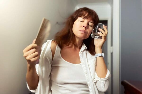 Woman cooling down with a fan and glass of water as she experiences symptoms from menopause