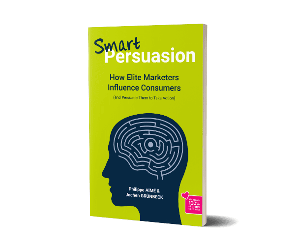Yellow book cover of Smart Persuasion by Jochen Grünbeck and Philippe Aimé with blue brain maze graphic