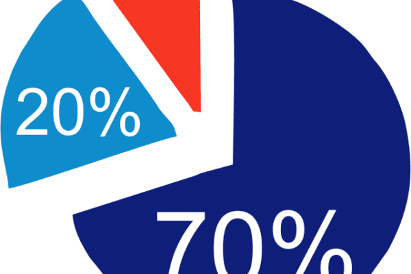 Blue and red Pie chart showing the 70 20 10 Model