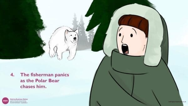 Eskimo looking surprised as polar bear runs towards him in free-fish negotiation concept from MBM