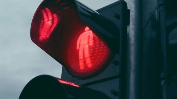 Close up of red traffic light for pedestrians