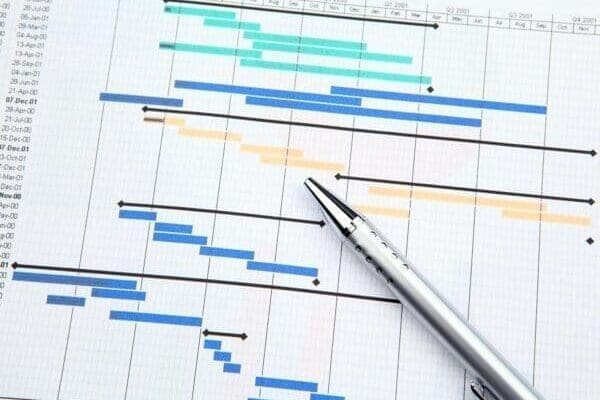 Project management with Gantt chart and a silver pen