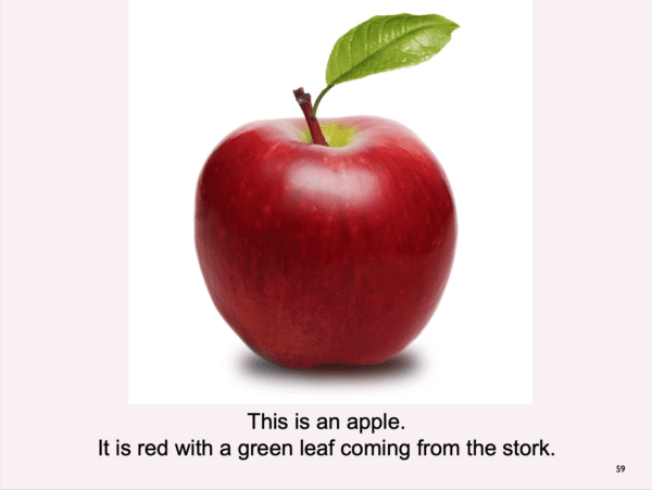 Picture of a red apple with a description underneath