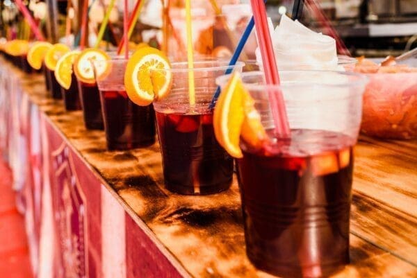 Plastic cups on the bar of a summer festival