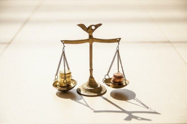 Gold and bronze coin piles on weight scale