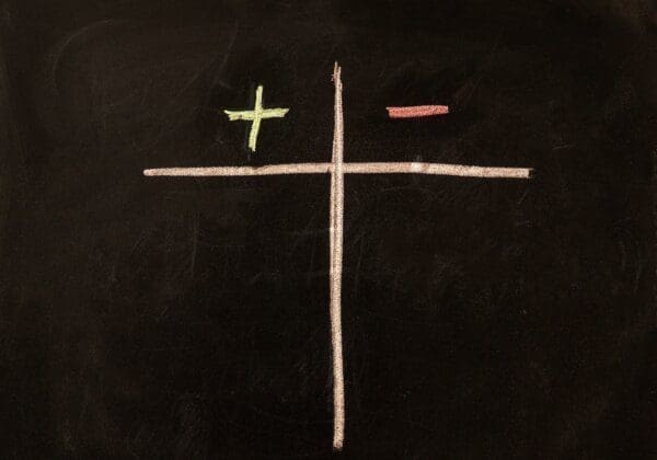 Plus and minus column Plus and minus signs drawn on a chalkboard represents pros and cons