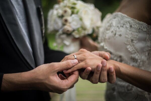 groom's hand putting ring on bride's hand 