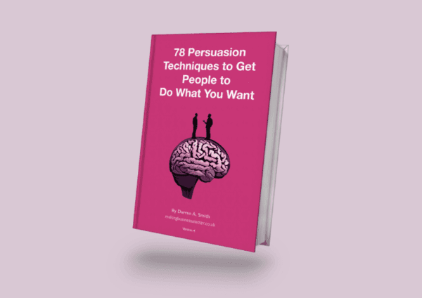 PT 3D book 3D image of a pink book with the title '78 Persuasion Techniques to Get People to Do What You Want'