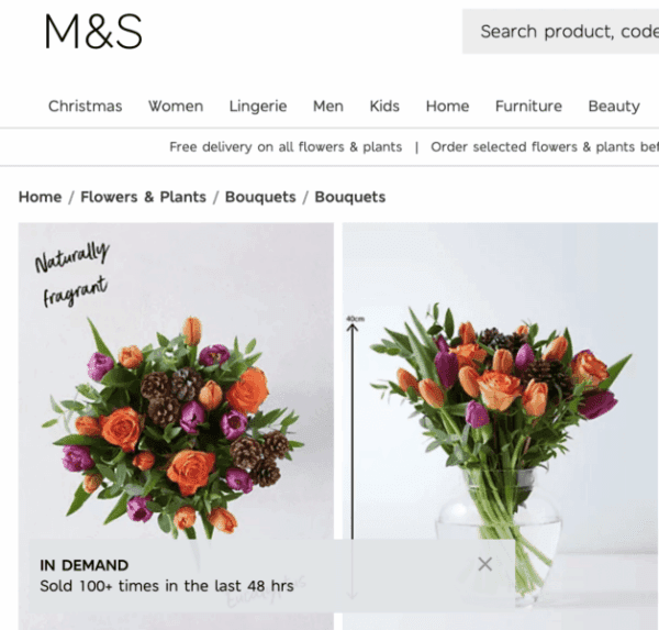 M&S flowers Screenshot of M&S website showing number of times sold for purple and orange flower bouquet