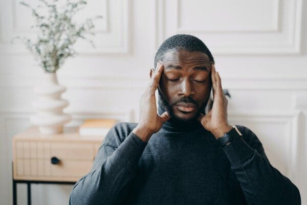 Stressed ENFJ young African male employee with a frustrated expression and hands at his temples