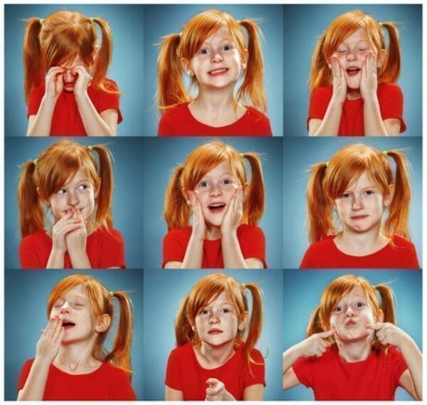 Many emotions Collage of girl in red shirt with different facial expressions for persuasion to get people to do what you want