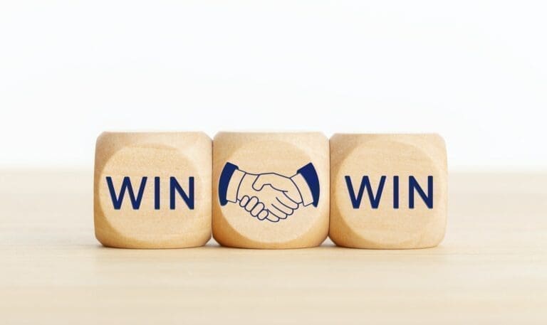 win win Win Win and a handshake drawing on wooden dice